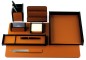 Preview: Schreibtisch Set "BOSTON" 8-teilig Kombination Acryl schwarz mit PREMIUM LEDER BOXCALF cuoiobraun
