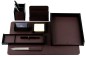 Preview: Schreibtisch Set "BOSTON" 8-teilig Kombination Acryl schwarz mit PREMIUM LEDER SOFTGRAIN dunkelbraun