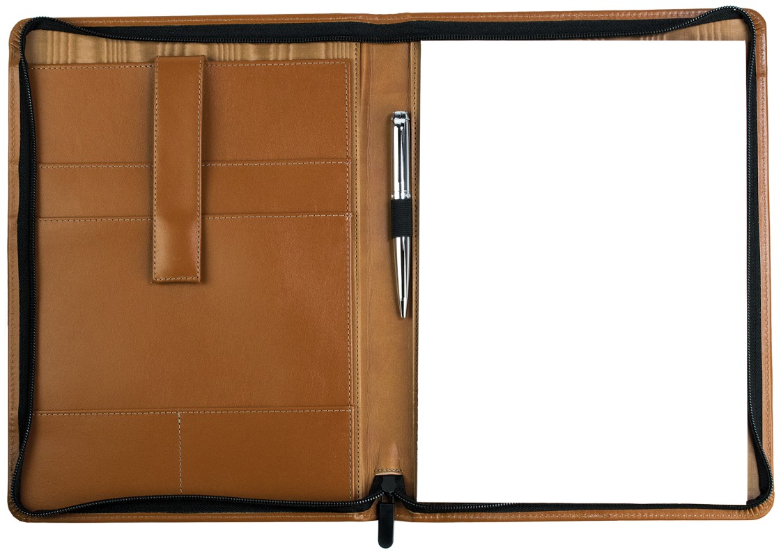 Reißverschluss Schreibmappe DIN A4 mit iPad Fach PREMIUM LEDER BOXCALF cuoiobraun (glatt)