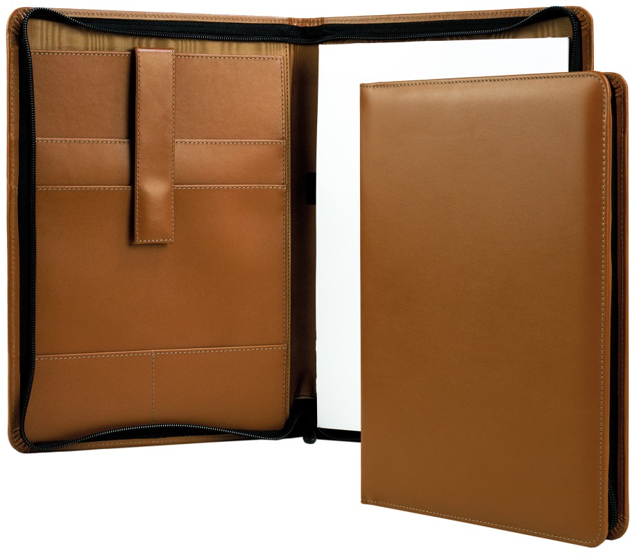 Reißverschluss Schreibmappe DIN A4 mit iPad Fach PREMIUM LEDER BOXCALF cuoiobraun (glatt)