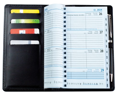 Taschenkalender mit Spiralbindung 2025 + 2026 in PREMIUM LEDER BOXCALF schwarz (glatt)