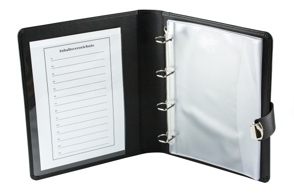 Dokumenten Ringbuch DIN A4 mit Schloss PREMIUM LEDER BOXCALF schwarz (glatt)