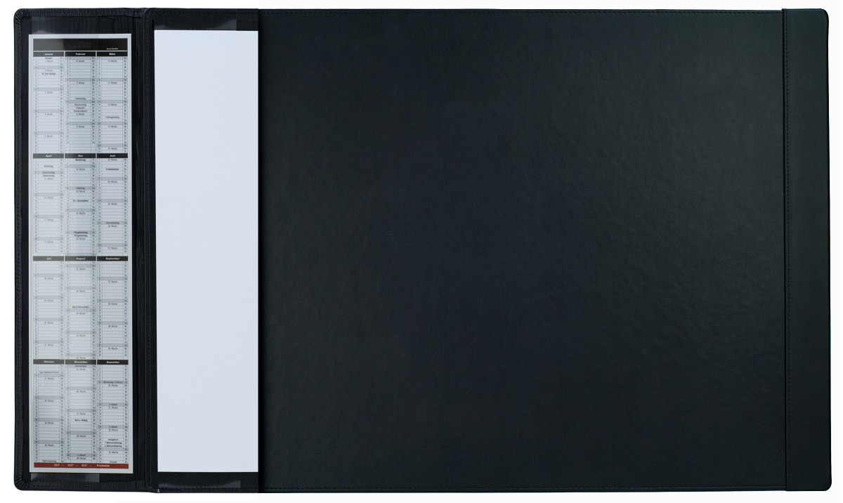 Schreibunterlage 65x45 mit Klappleiste inkl. Block + Kalender 2026/2027 PREMIUM LEDER BOXCALF schwarz (glatt)