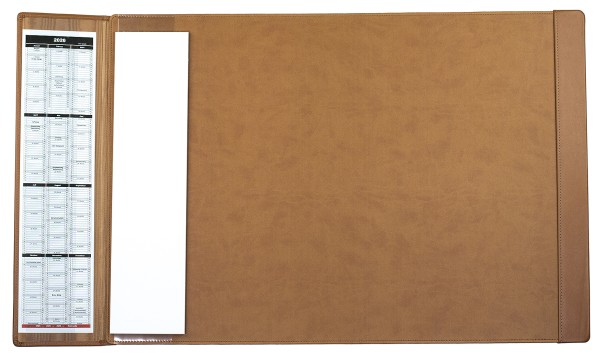 Preview: Schreibunterlage 65x45 mit Klappleiste inkl. Block + Kalender 25/26 PREMIUM LEDER BOXCALF cuoiobraun (glatt)