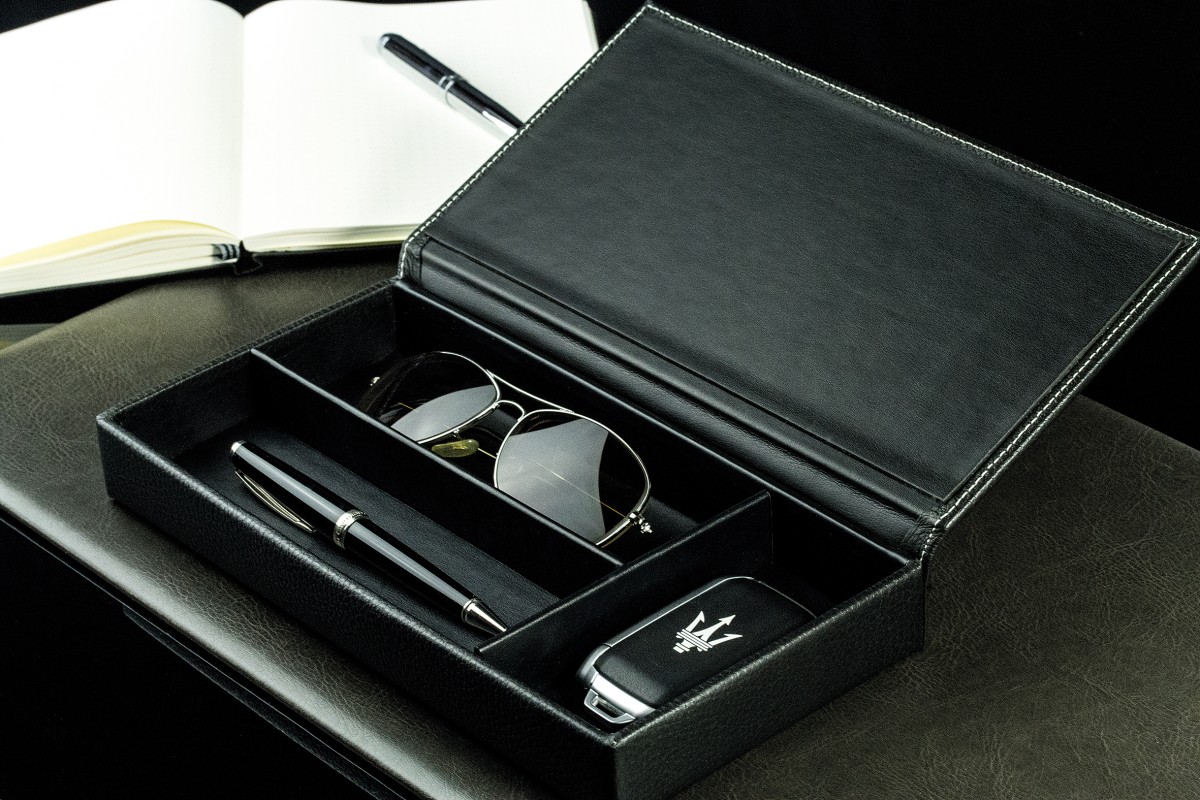 Ablagekasten mit Deckel PREMIUM LEDER SOFT GRAIN schwarz (genarbt)