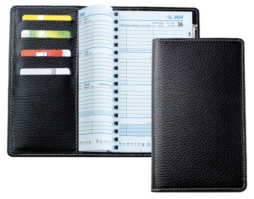 Taschenkalender mit Spiralbindung 2025 + 2026 in PREMIUM LEDER SOFT GRAIN schwarz (genarbt)