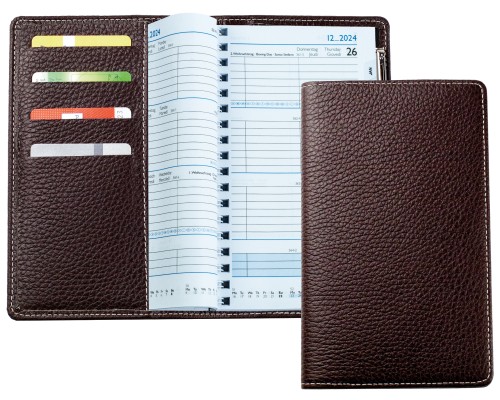 Taschenkalender mit Spiralbindung 2025 + 2026 in PREMIUM LEDER SOFT GRAIN marronebraun (genarbt)