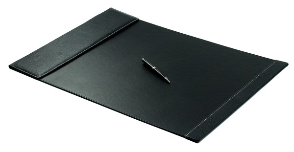 Preview: Schreibunterlage 65x45 mit Klappleiste inkl. Block + Kalender 25/26 PREMIUM LEDER SOFT GRAIN schwarz (genarbt)