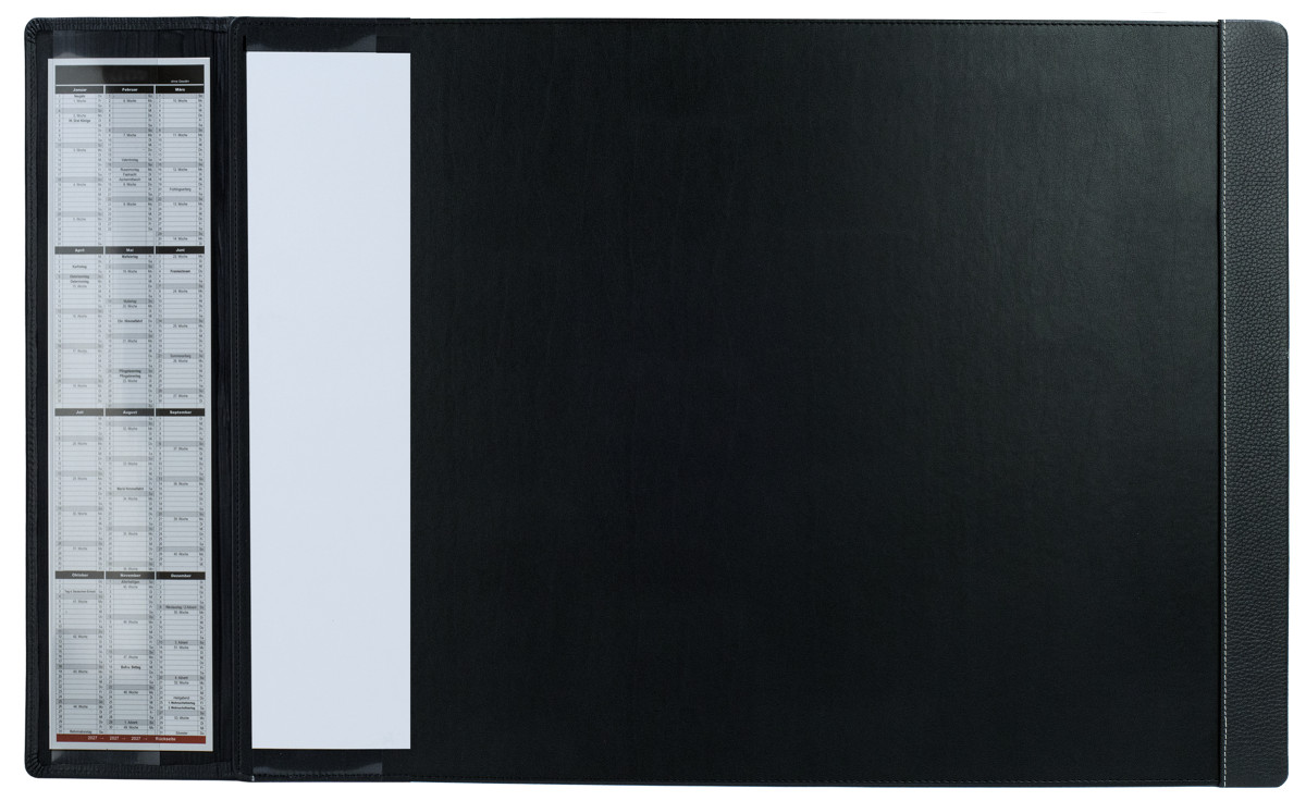 Schreibunterlage 65x45 mit Klappleiste inkl. Block + Kalender 2026/2027 PREMIUM LEDER SOFT GRAIN schwarz (genarbt)