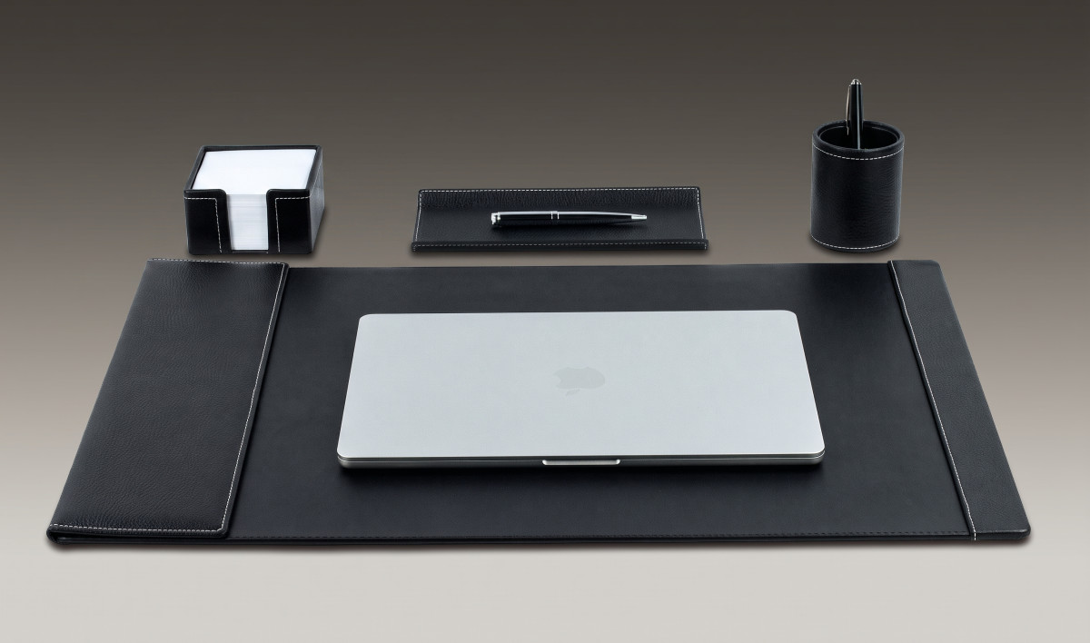 Schreibunterlage 65x45 mit Klappleiste inkl. Block + Kalender 2026/2027 PREMIUM LEDER SOFT GRAIN schwarz (genarbt)