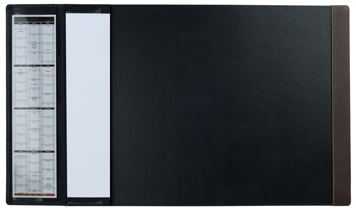 Schreibunterlage 65x45 mit Klappleiste inkl. Block + Kalender 2026/2027 PREMIUM LEDER SOFT GRAIN dunkelbraun (genarbt)