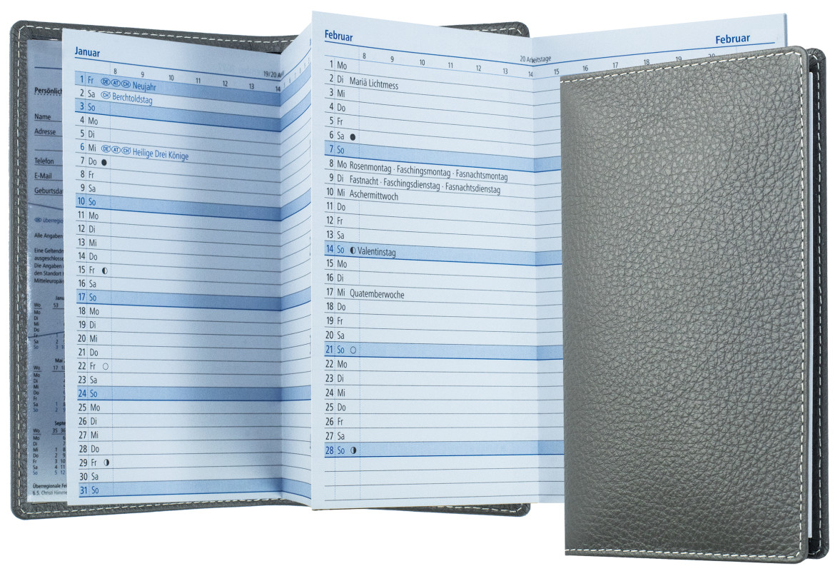 Leporello Faltkalender deutsch 2027 PREMIUM LEDER SOFT GRAIN grau (genarbt)