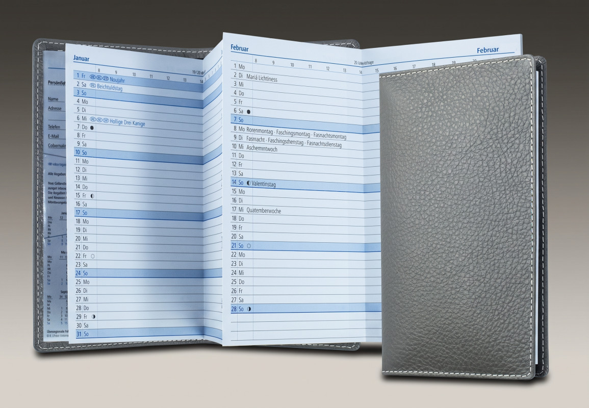 Leporello Faltkalender deutsch 2027 PREMIUM LEDER SOFT GRAIN grau (genarbt)