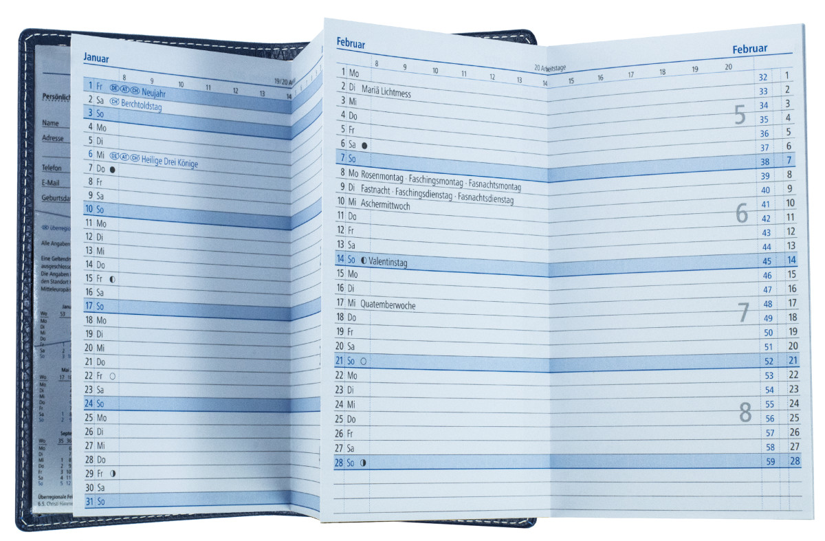 Leporello Faltkalender deutsch 2027 PREMIUM LEDER SOFT GRAIN blau (genarbt)