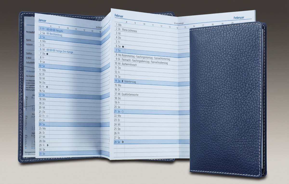 Leporello Faltkalender deutsch 2027 PREMIUM LEDER SOFT GRAIN blau (genarbt)