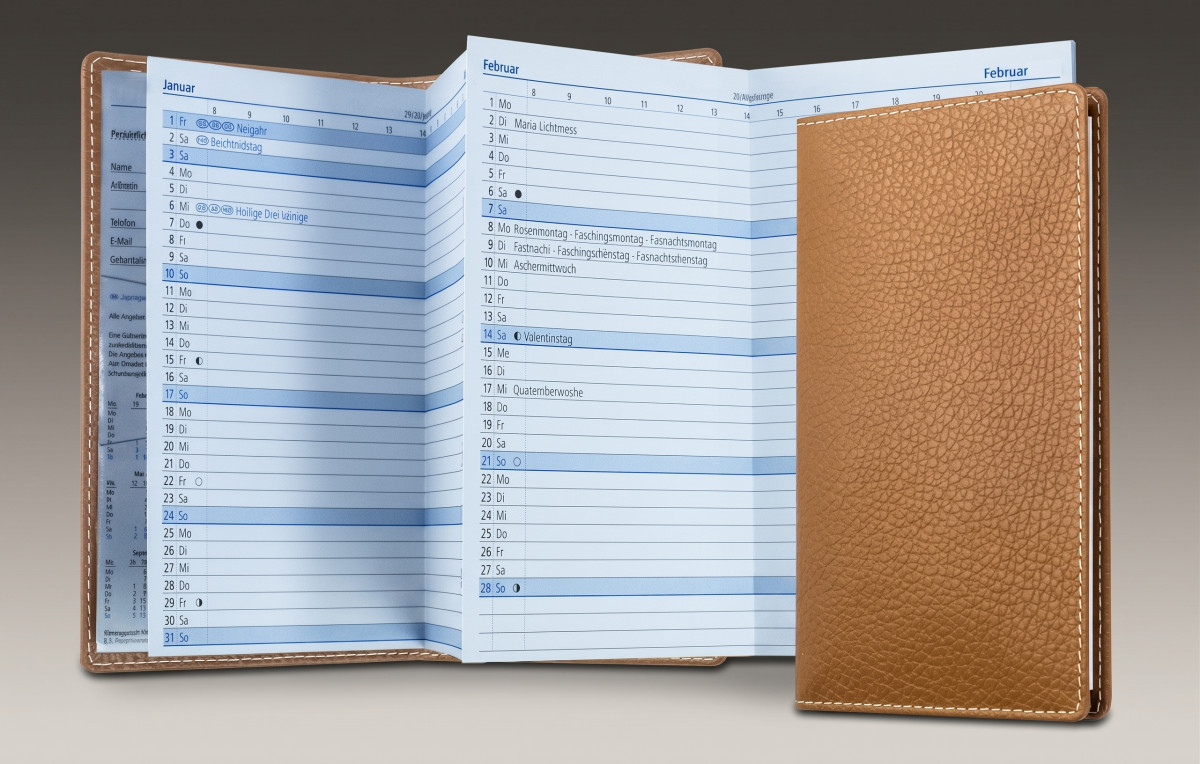 Leporello Faltkalender deutsch 2027 PREMIUM LEDER SOFT GRAIN hellbraun (genarbt)