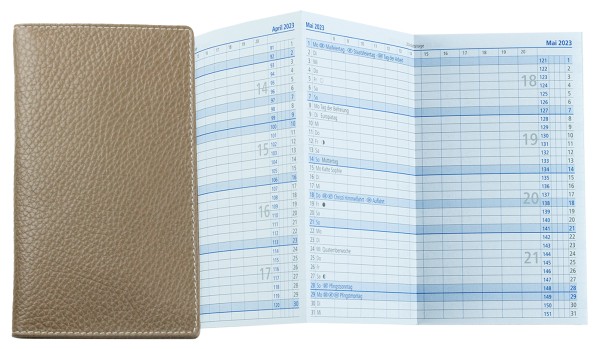 Leporello Faltkalender deutsch 2025 + 2026 - PREMIUM LEDER SOFT GRAIN taupe (genarbt)