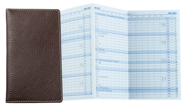 Leporello Faltkalender deutsch 2025 + 2026 - PREMIUM LEDER SOFT GRAIN dunkelbraun (genarbt)