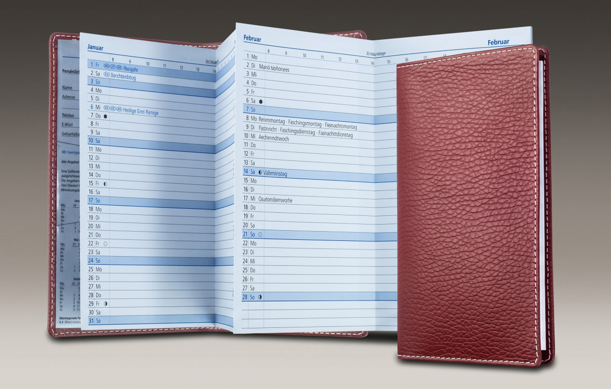 Leporello Faltkalender deutsch 2027 PREMIUM LEDER SOFT GRAIN rot (genarbt)