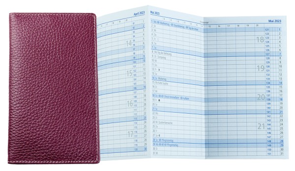 Leporello Faltkalender deutsch 2025 + 2026 - PREMIUM LEDER SOFT GRAIN aubergine (genarbt)