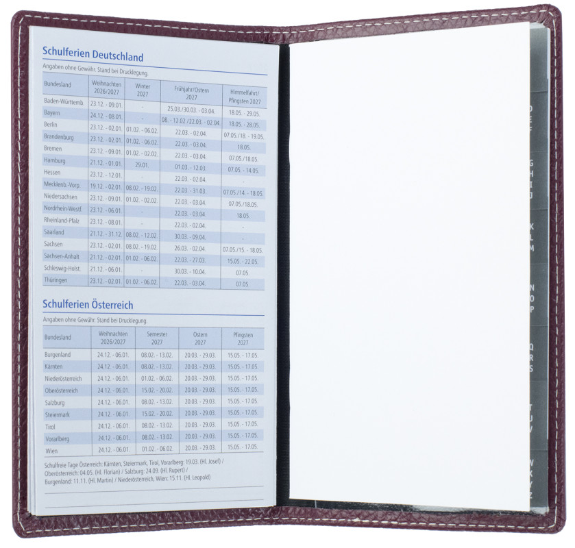 Leporello Faltkalender deutsch 2027 PREMIUM LEDER SOFT GRAIN aubergine (genarbt)