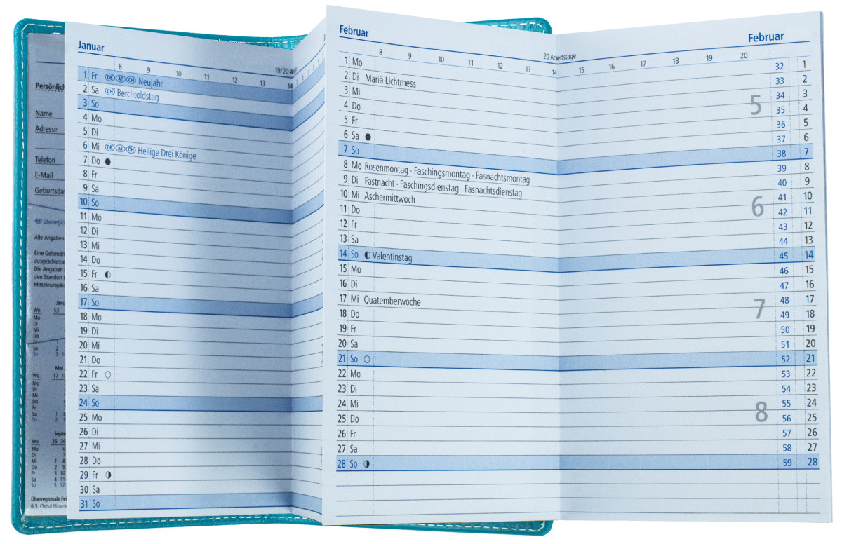 Leporello Faltkalender deutsch 2027 PREMIUM LEDER SOFT GRAIN türkis (genarbt)