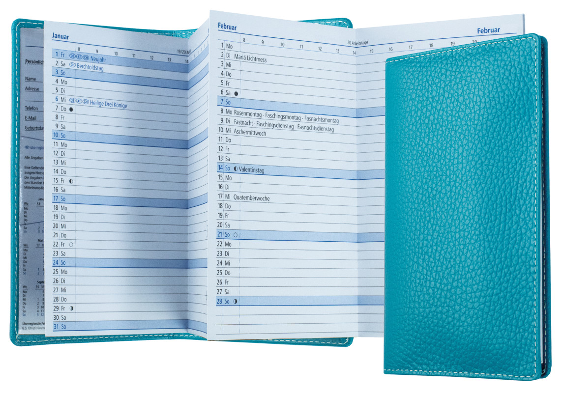 Leporello Faltkalender deutsch 2027 PREMIUM LEDER SOFT GRAIN türkis (genarbt)