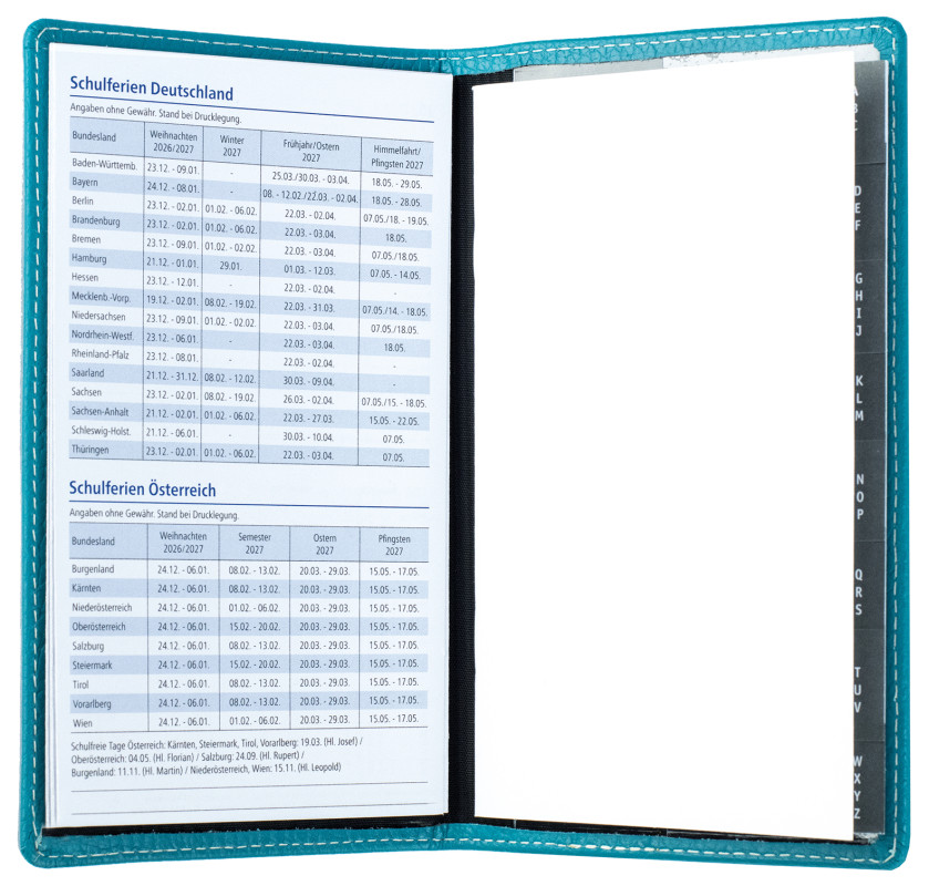 Leporello Faltkalender deutsch 2027 PREMIUM LEDER SOFT GRAIN türkis (genarbt)