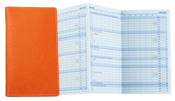 Leporello Faltkalender deutsch 2025 + 2026 - PREMIUM LEDER SOFT GRAIN orange (genarbt)