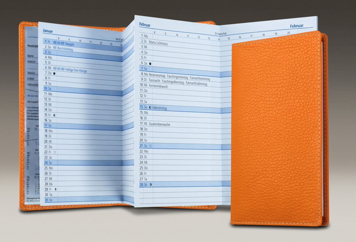 Leporello Faltkalender deutsch 2027 PREMIUM LEDER SOFT GRAIN orange (genarbt)