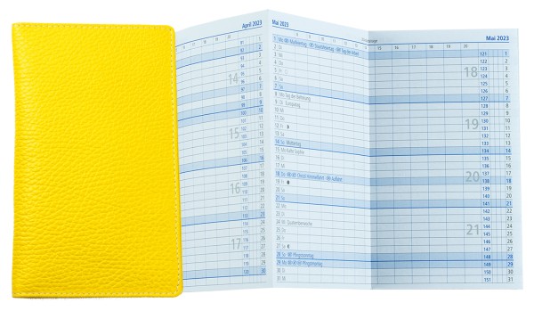Leporello Faltkalender deutsch 2025 + 2026 - PREMIUM LEDER SOFT GRAIN gelb (genarbt)