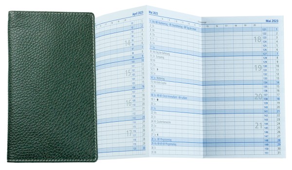 Leporello Faltkalender deutsch 2025 + 2026 - PREMIUM LEDER SOFT GRAIN grün (genarbt)