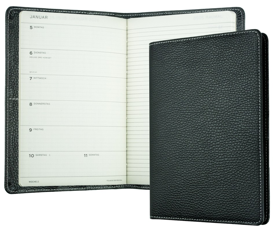 Kalenderbuch DIN A5 für das Jahr 2027 PREMIUM LEDER SOFTGRAIN schwarz (genarbt)