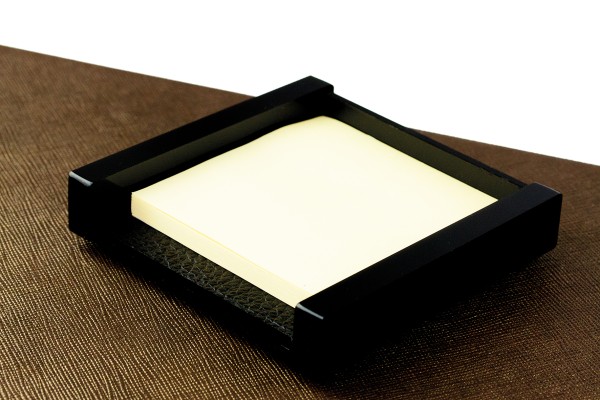 Haftnotiz Post It Spender - ACRYL schwarz Kombination mit PREMIUM LEDER SOFTGRAIN schwarz (genarbt)