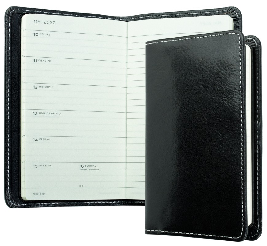 Pocket Kalenderbuch DIN A6 2027 PREMIUM LEDER VINTAGE Anilin schwarz