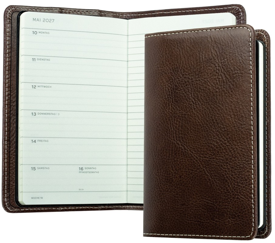 Pocket Kalenderbuch DIN A6 2027 PREMIUM LEDER VINTAGE Anilin marronebraun