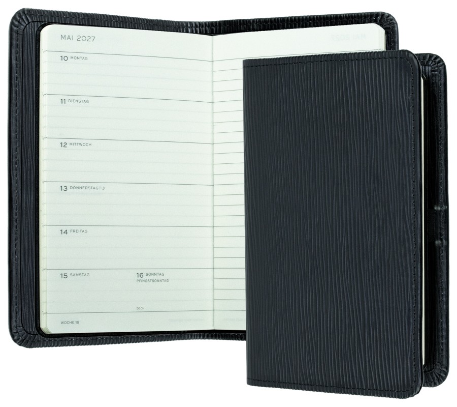 Pocket Kalenderbuch DIN A6 2027 PREMIUM LEDER MANHATTAN schwarz mit Paglia Narbung