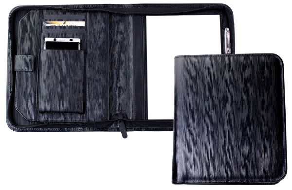 Media Tablet Schreibmappe DIN A5 PREMIUM LEDER MANHATTAN schwarz mit Paglia Narbung