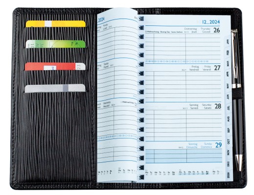 Taschenkalender mit Spiralbindung 2025 + 2026 in PREMIUM LEDER MANHATTAN Paglia schwarz
