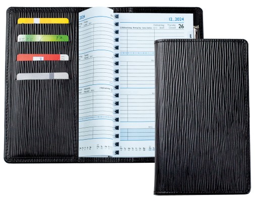 Taschenkalender mit Spiralbindung 2025 + 2026 in PREMIUM LEDER MANHATTAN Paglia schwarz
