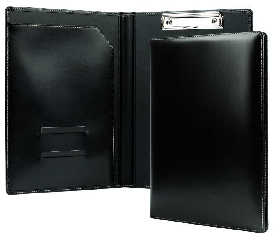 Klemmbrettmappe DIN A4 mit Blockklemme in CAMBRIDGE Top Grain Rindspaltleder mit heller Kontrastnaht schwarz