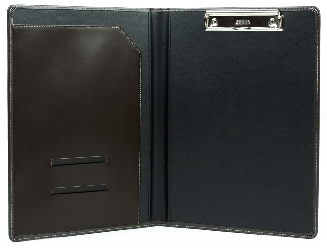 Klemmbrettmappe DIN A4 mit Blockklemme in CAMBRIDGE Top Grain Rindspaltleder mit heller Kontrastnaht dunkelbraun