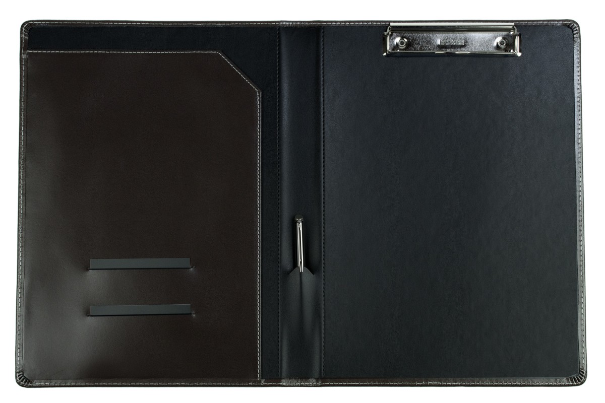 Klemmbrettmappe DIN A4 mit Blockklemme in CAMBRIDGE Top Grain Rindspaltleder mit heller Kontrastnaht dunkelbraun
