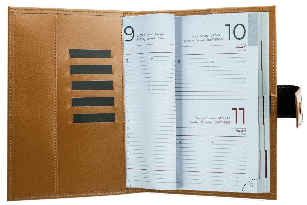 Buchkalender (auswechselbar) DIN A5 für 2026 + 2027, Cambridge Top Grain Leder, hellbraun