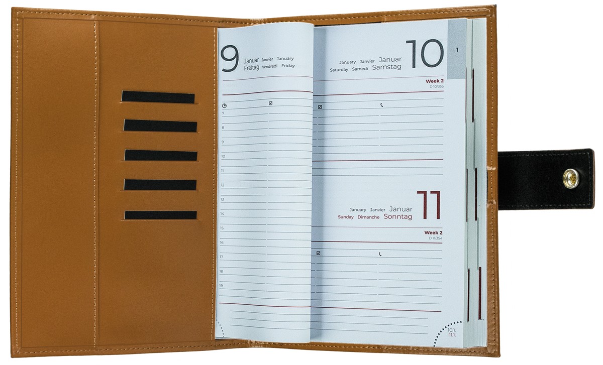Buchkalender (auswechselbar) DIN A5 für 2026 + 2027, Cambridge Top Grain Leder, hellbraun