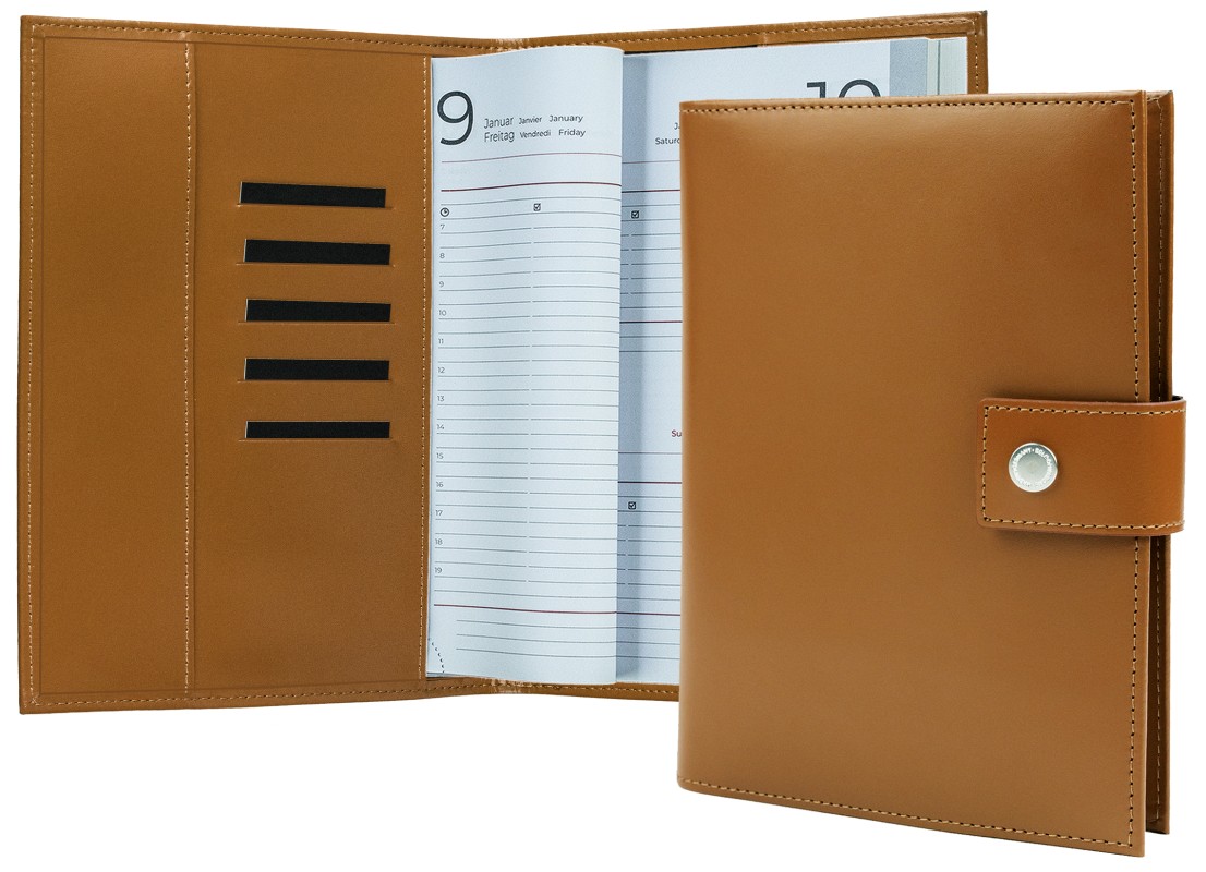 Buchkalender (auswechselbar) DIN A5 für 2026 + 2027, Cambridge Top Grain Leder, hellbraun