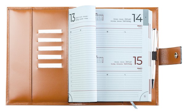 Buchkalender (auswechselbar) DIN A5 für 2025 + 2026, Cambridge Top Grain Leder, hellbraun