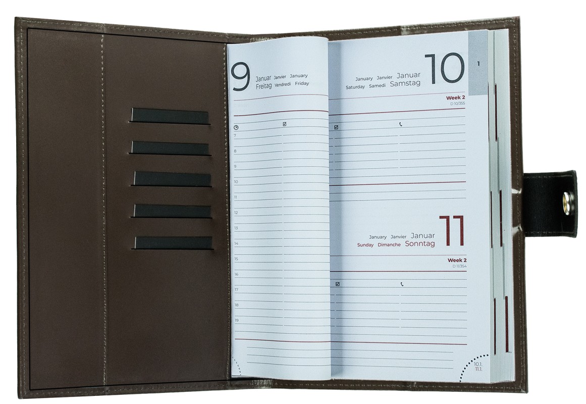 Buchkalender (auswechselbar) DIN A5 für 2026 + 2027, Cambridge Top Grain Leder, dunkelbraun