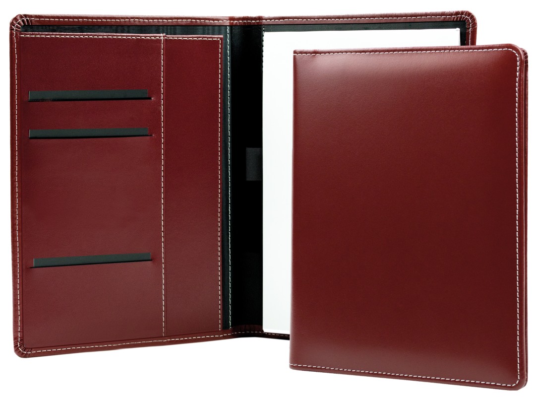 Schreibmappe DIN A5, incl. Memoblock CAMBRIDGE Top Grain Leder mit heller Kontrastnaht rot