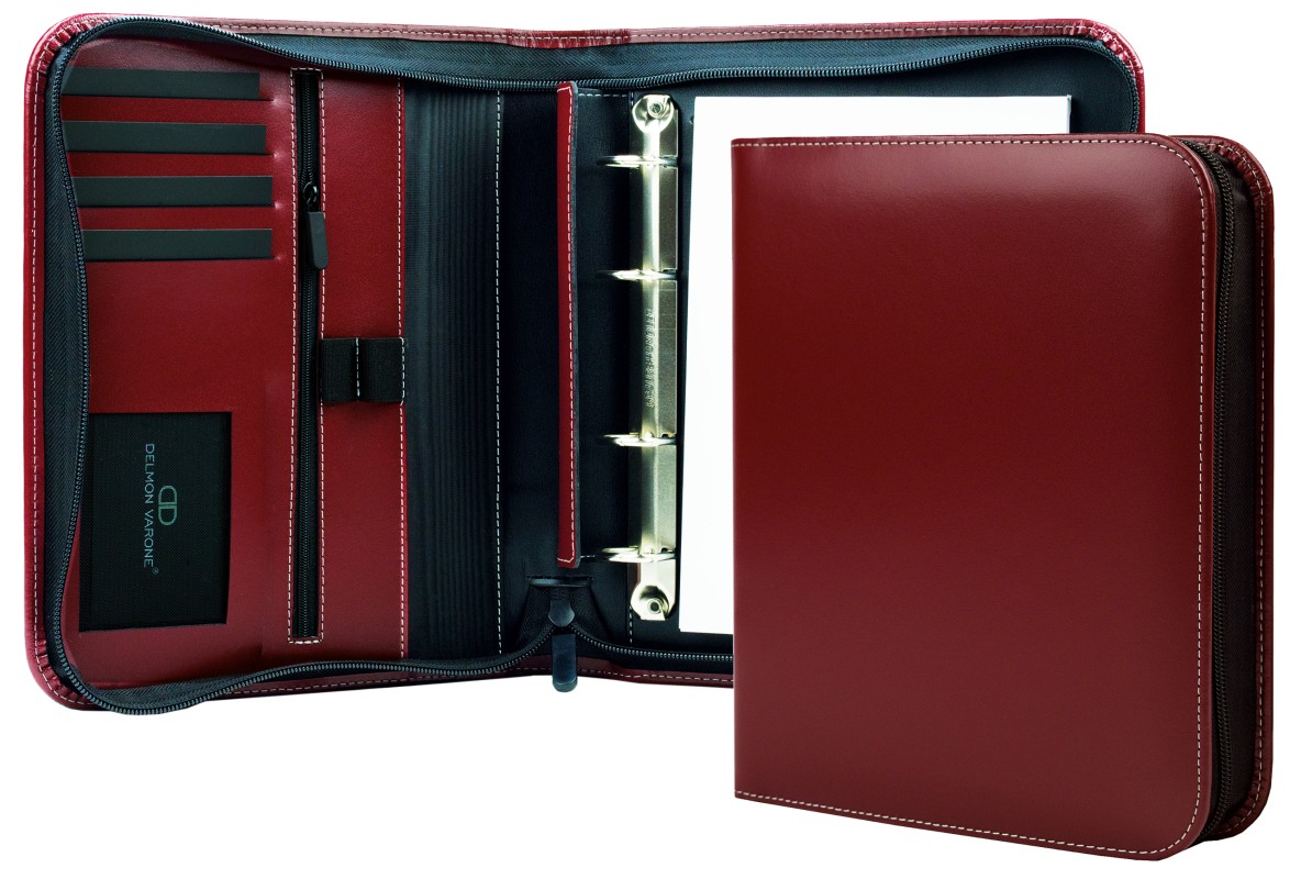 RV-Ringbuch DIN A5, incl. Memoblock, 4-Ring-25mm-Combimechanik CAMBRIDGE Top Grain Rindspaltleder mit heller Kontrastnaht rot